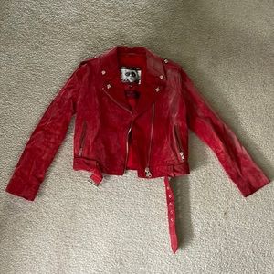 Red leather Debbie Harry x obey motto jacket